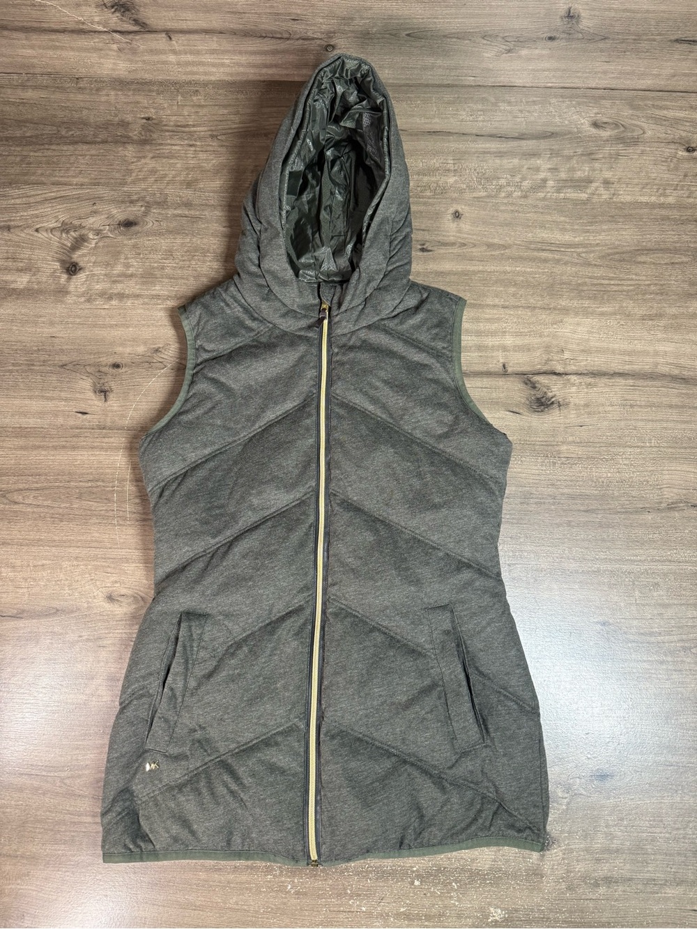 Michael Kors Womens Reversible Hooded Vest Olive Gray Gold Zip MK Long Vest